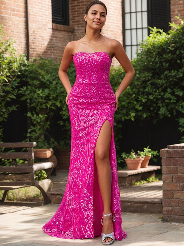 Robe de soirée élégante fuchsia bustier à sequins avec fente haute