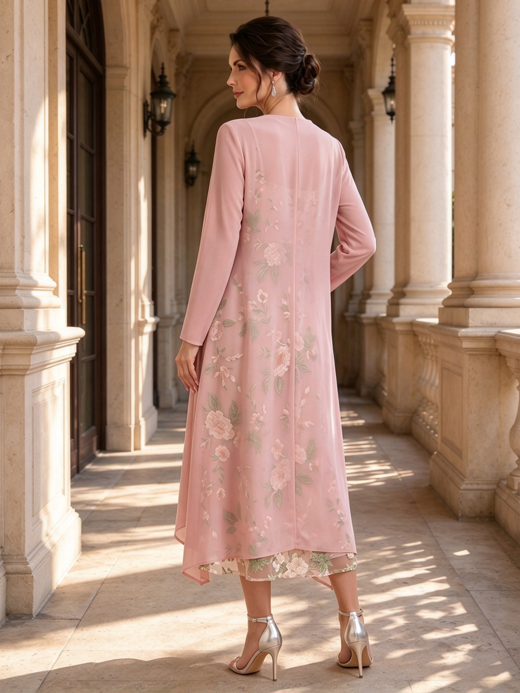 Floral Embroidered Midi Slip Dress with Matching Long Sleeve Chiffon Duster