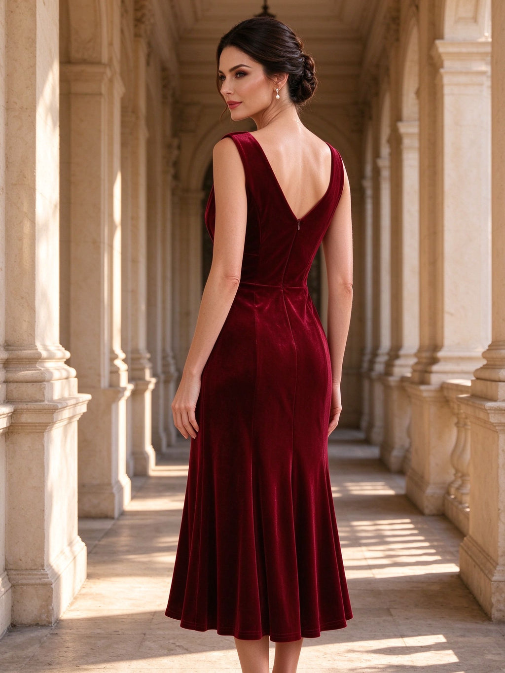 Cowl Neck Sleeveless Velvet Tea-Length Flare Mother of the Bride Dress