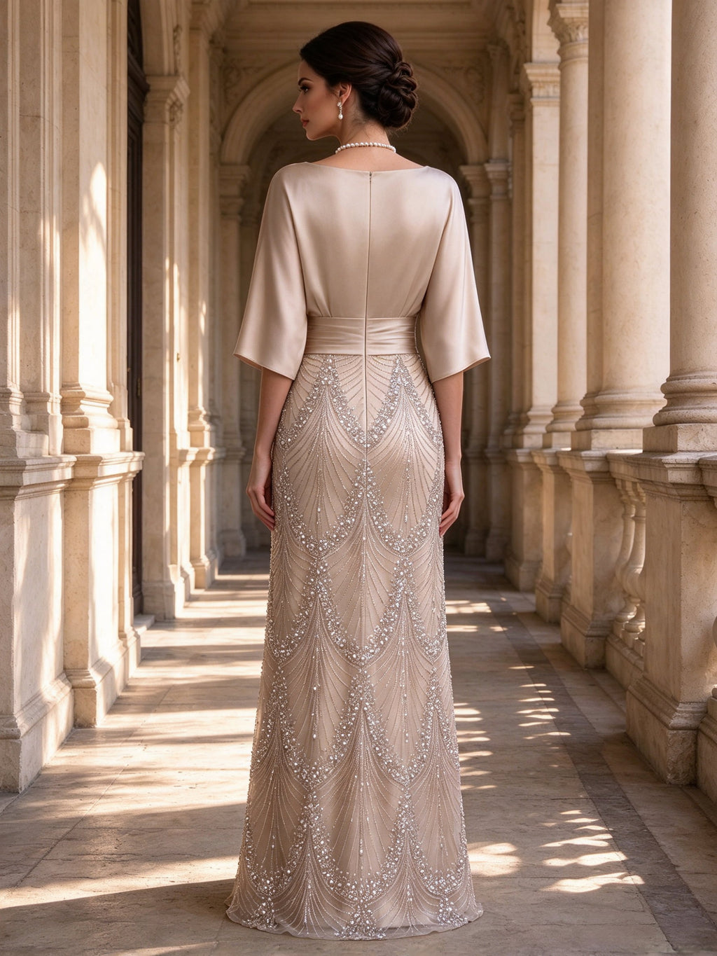 Boat Neck Satin Batwing Sleeve Beaded Sequin Column Mother of the Bride Gown