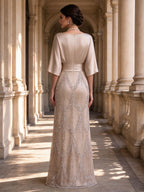 Boat Neck Satin Batwing Sleeve Beaded Sequin Column Mother of the Bride Gown