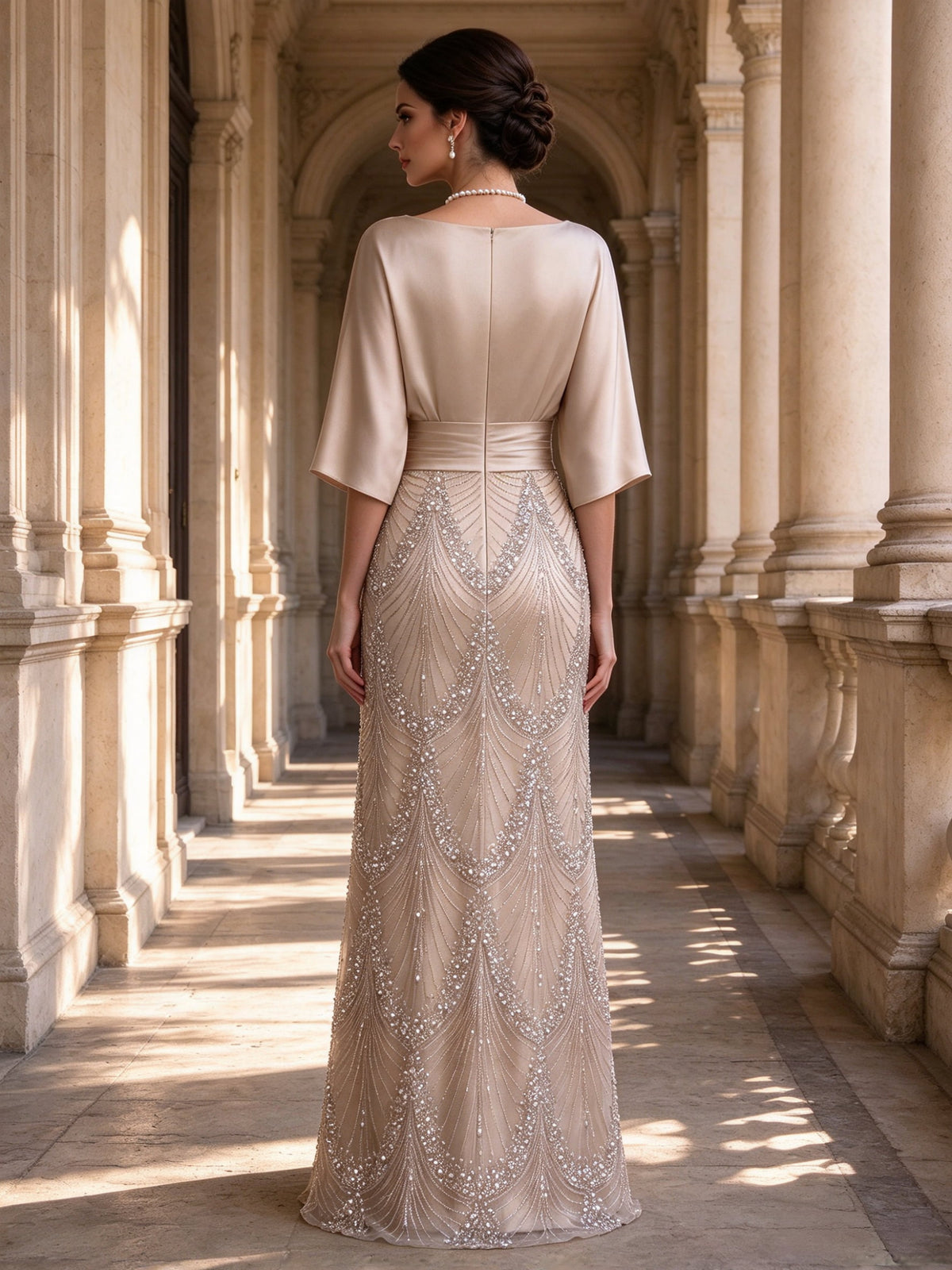 Boat Neck Satin Batwing Sleeve Beaded Sequin Column Mother of the Bride Gown