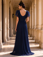 Flutter Sleeve Pleated Chiffon Ruffle Trim Floor-Length Mother of the Bride Gown