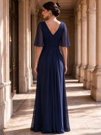 V-Neck Beaded Buckle Flutter Sleeve Drape Chiffon Mother of the Bride Gown
