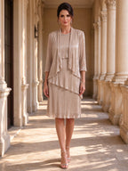 Pleated Metallic Two-Piece Knee-Length Dress with Matching 3/4 Sleeve Jacket
