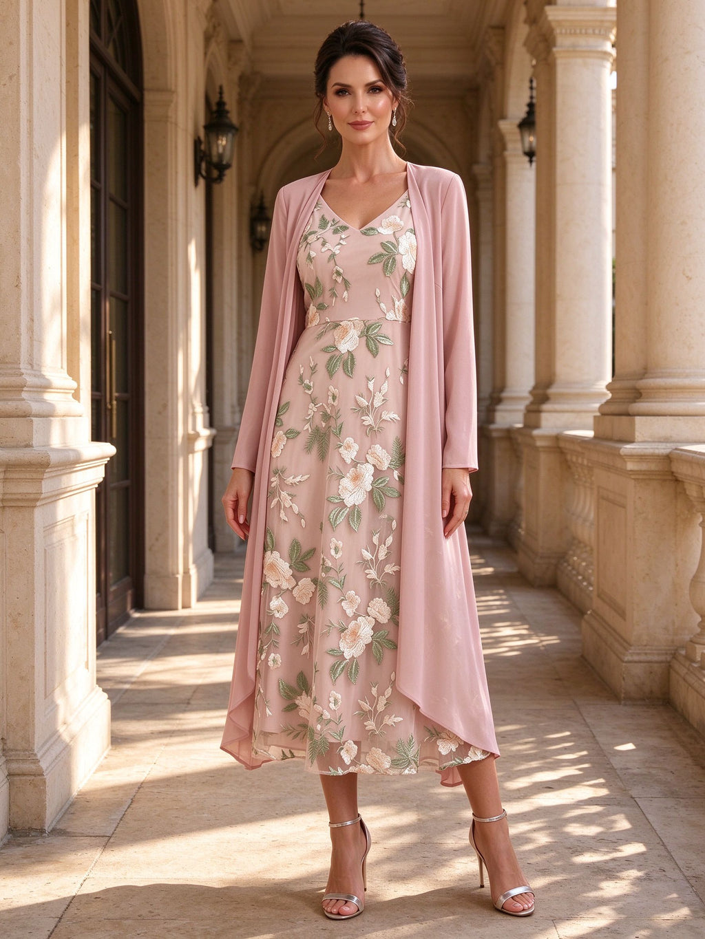 Floral Embroidered Midi Slip Dress with Matching Long Sleeve Chiffon Duster