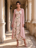 Floral Embroidered Midi Slip Dress with Matching Long Sleeve Chiffon Duster