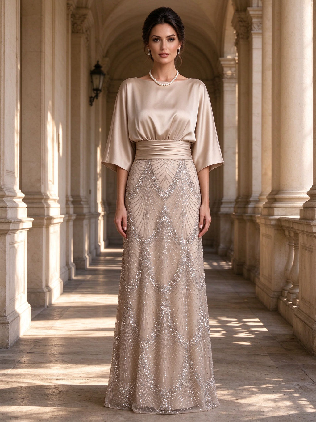 Boat Neck Satin Batwing Sleeve Beaded Sequin Column Mother of the Bride Gown