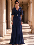 V-Neck Beaded Buckle Flutter Sleeve Drape Chiffon Mother of the Bride Gown