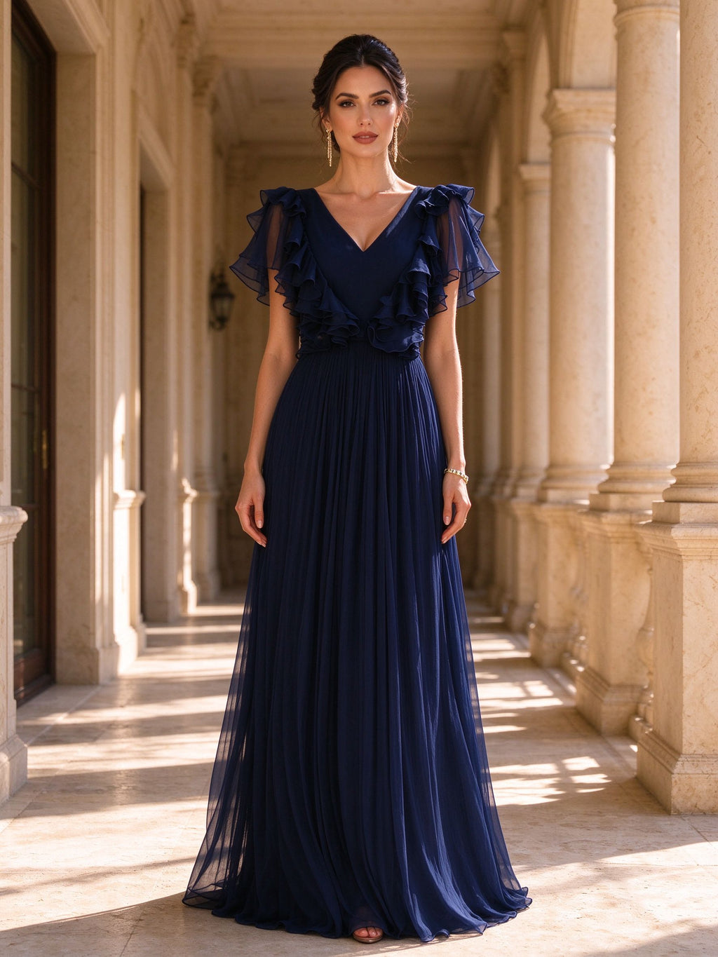 Flutter Sleeve Pleated Chiffon Ruffle Trim Floor-Length Mother of the Bride Gown