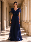 Flutter Sleeve Pleated Chiffon Ruffle Trim Floor-Length Mother of the Bride Gown