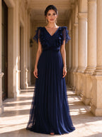 Flutter Sleeve Pleated Chiffon Ruffle Trim Floor-Length Mother of the Bride Gown