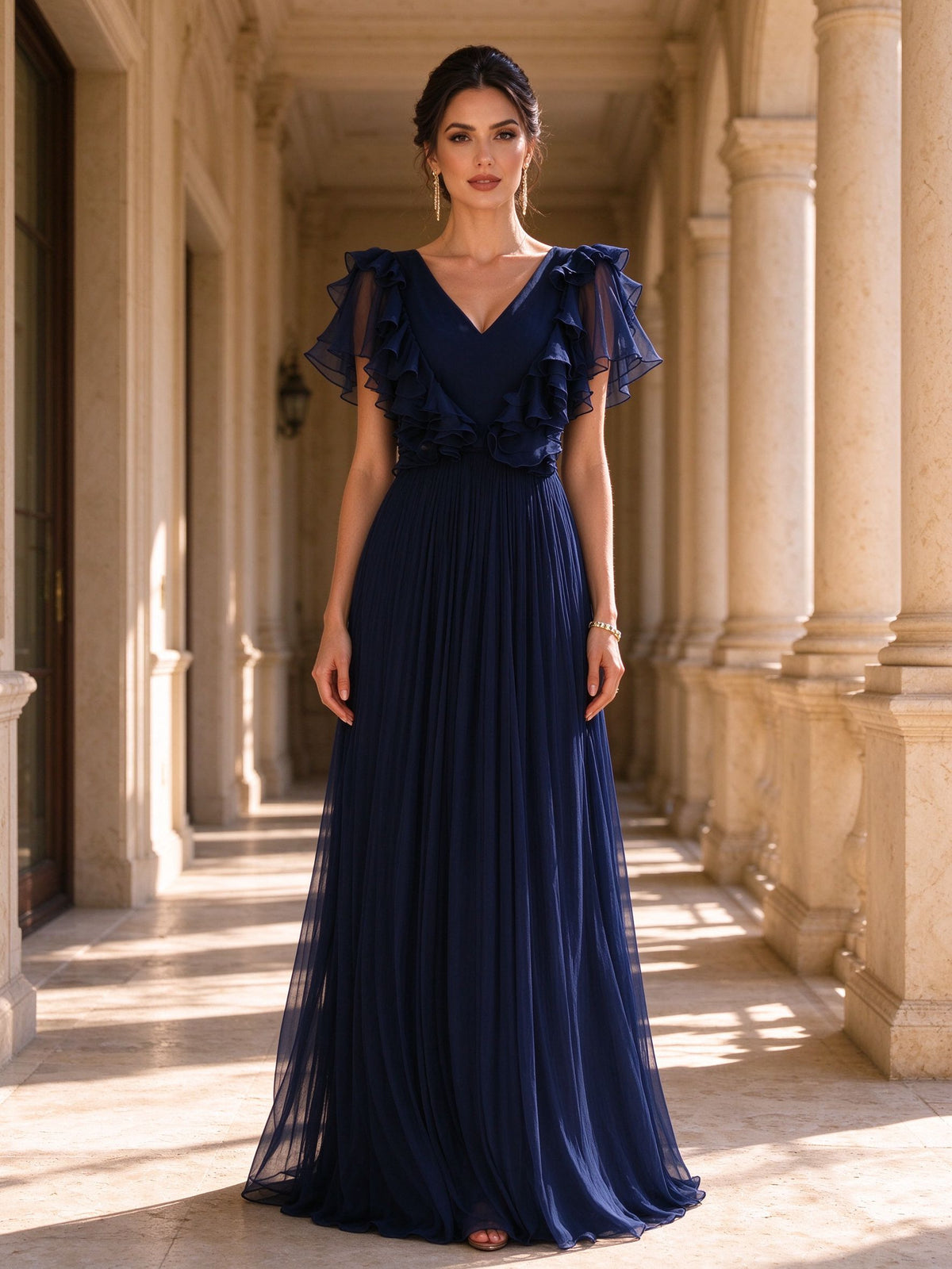 Flutter Sleeve Pleated Chiffon Ruffle Trim Floor-Length Mother of the Bride Gown