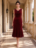 Cowl Neck Sleeveless Velvet Tea-Length Flare Mother of the Bride Dress