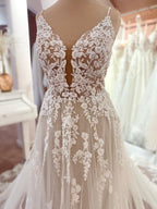 Romantic Tulle A Line Wedding Gown Thin Straps Extended Lace Hem Train