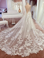 Romantic Tulle A Line Wedding Gown Thin Straps Extended Lace Hem Train