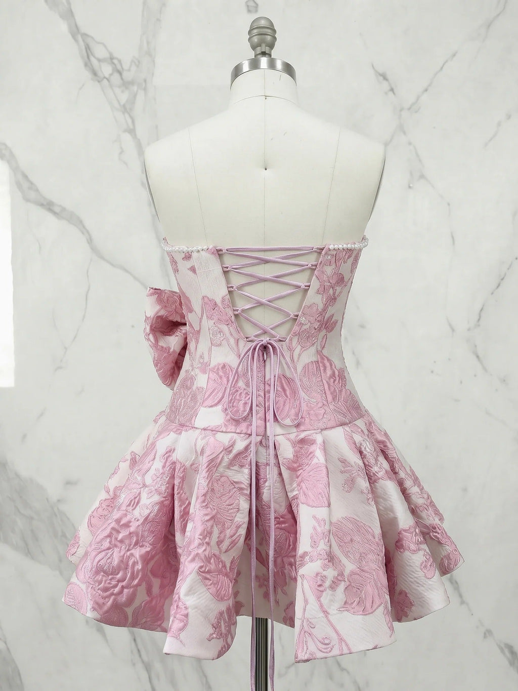 Strapless Pearl-Trimmed Floral Jacquard Short Homecoming Dresses with Side Bow