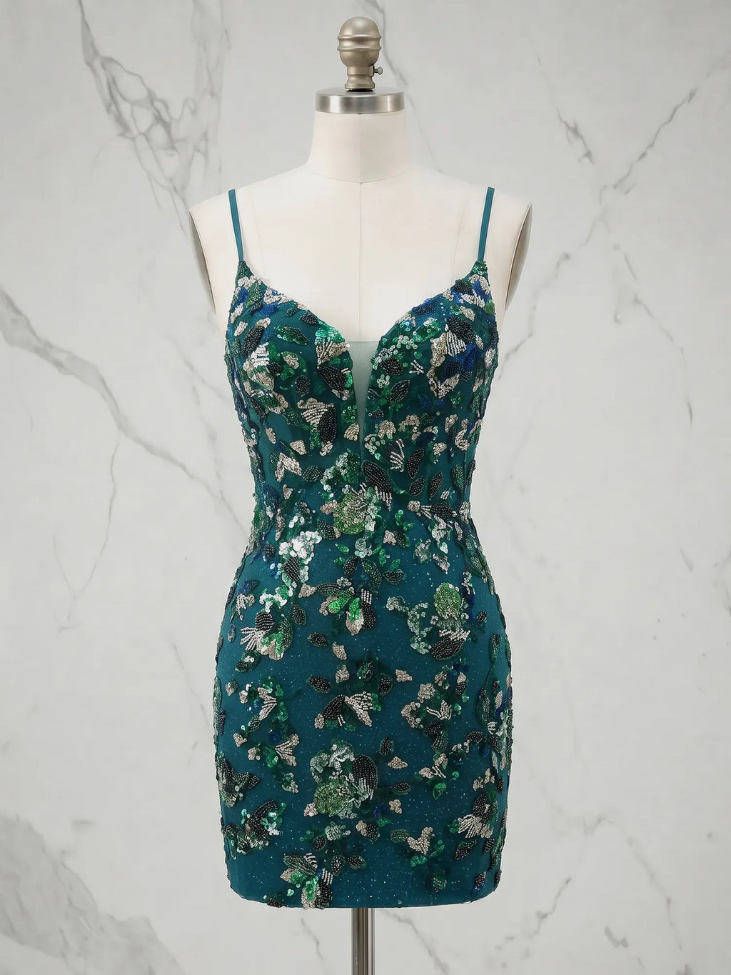 V-Neck Floral Beaded Lace-Up Mini Bodycon Homecoming Dresses