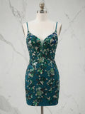 V-Neck Floral Beaded Lace-Up Mini Bodycon Homecoming Dresses