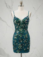 V-Neck Floral Beaded Lace-Up Mini Bodycon Homecoming Dresses