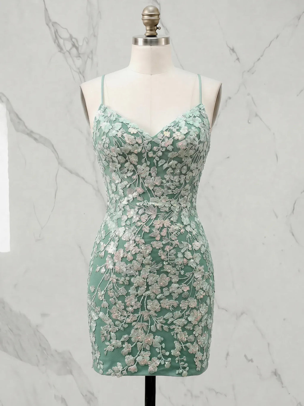 V-Neck Floral Embroidery Lace-Up Back Short Bodycon Homecoming Dresses