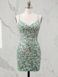 V-Neck Floral Embroidery Lace-Up Back Short Bodycon Homecoming Dresses