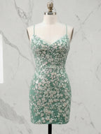 V-Neck Floral Embroidery Lace-Up Back Short Bodycon Homecoming Dresses
