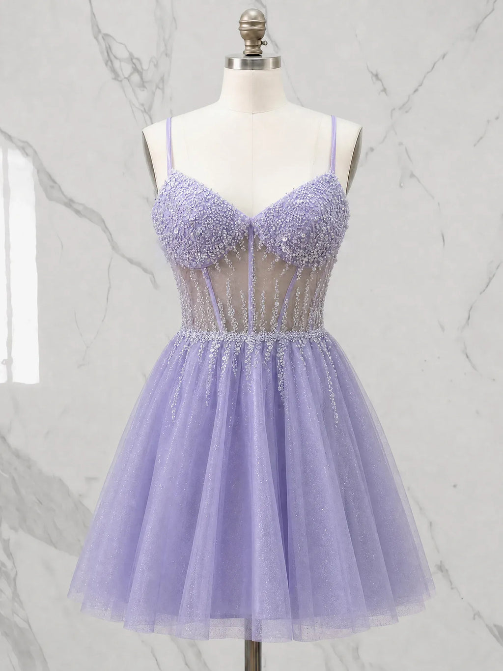 V-Neck Crystal Beaded Corset Tulle Mini Homecoming Dresses