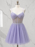 V-Neck Crystal Beaded Corset Tulle Mini Homecoming Dresses