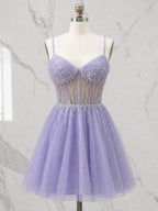 V-Neck Crystal Beaded Corset Tulle Mini Homecoming Dresses