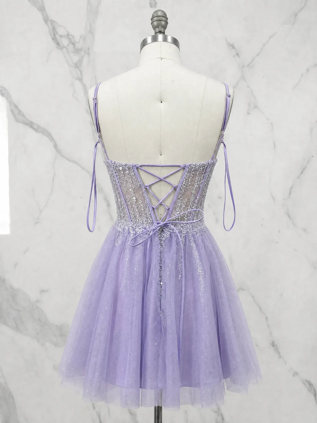 V-Neck Crystal Beaded Corset Tulle Mini Homecoming Dresses