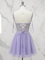 V-Neck Crystal Beaded Corset Tulle Mini Homecoming Dresses