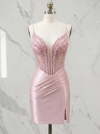 Beaded Corset Satin Mini Homecoming Dresses with Slit