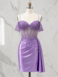 Cold Shoulder Beaded Corset Satin Short Homecoming Dresses