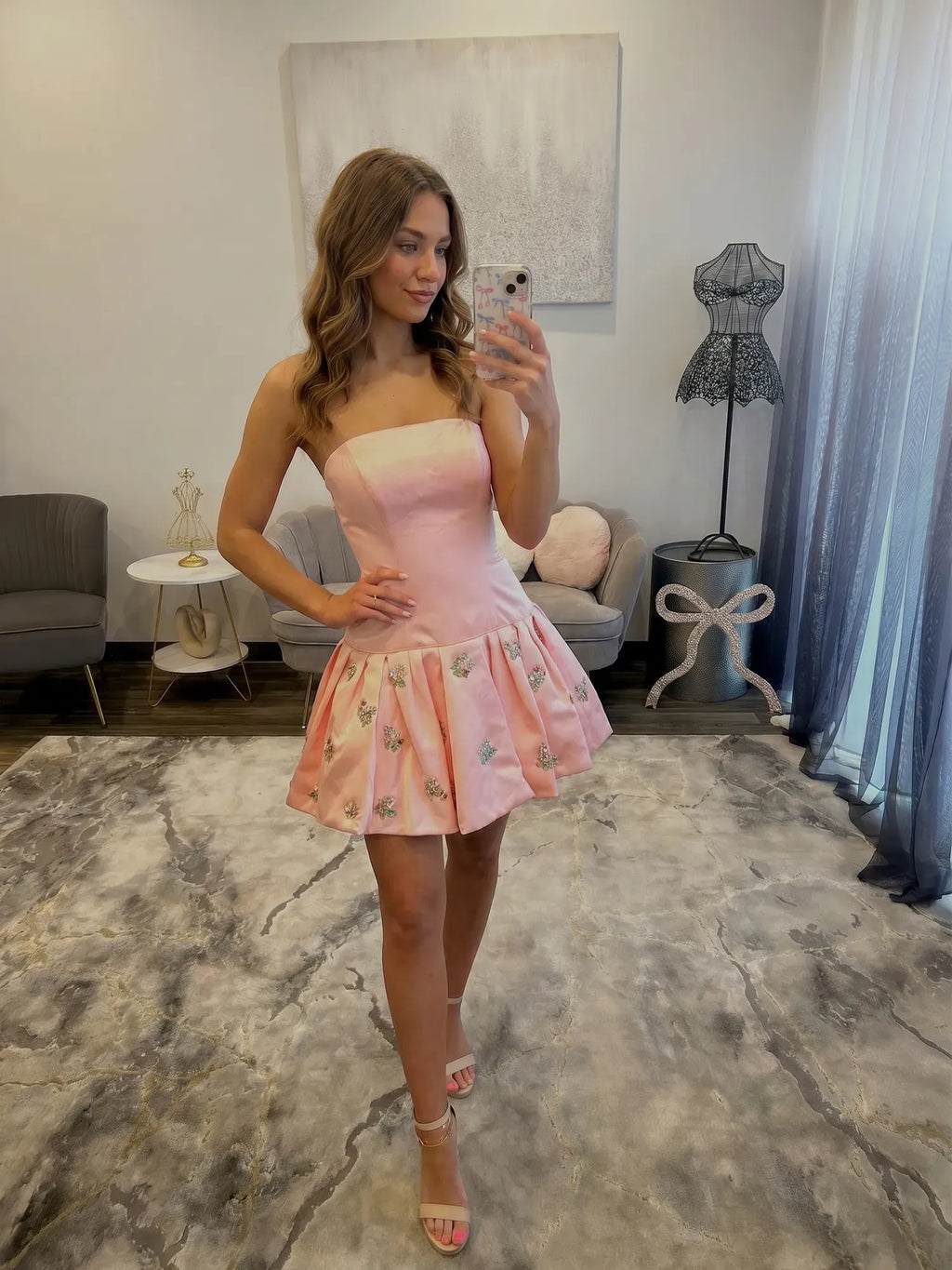 Strapless Beaded Satin A-line Homecoming Dresses