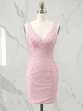 Deep V-Neck Pearl Embellished Bodycon Short Homecoming Dress
