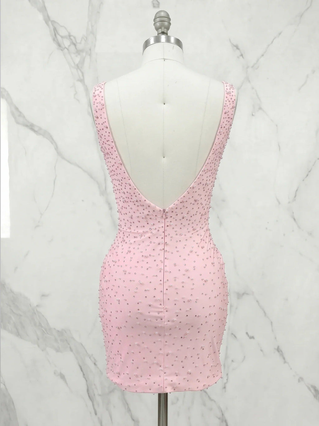 Deep V-Neck Pearl Embellished Bodycon Short Homecoming Dress