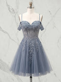 Off-the-Shoulder Lace-Up Tulle Homecoming Dresses