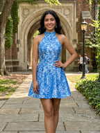 High Neck Halter Floral Brocade Mini Dress Homecoming Dresses
