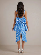 Mediterranean Blue Toile Square Neck Homecoming Mini Dress with Trailing Bow