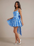 Mediterranean Blue Toile Square Neck Homecoming Mini Dress with Trailing Bow
