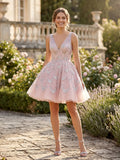 V-Neck Mini Dress with Allover Sequined Petals Homecoming Dresses