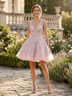 V-Neck Mini Dress with Allover Sequined Petals Homecoming Dresses
