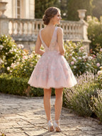 V-Neck Mini Dress with Allover Sequined Petals Homecoming Dresses