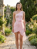 One-Shoulder 3D Floral Mini Dress with Tulle Sash Homecoming Dresses