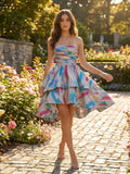 Abstract Metallic Print Layered Mini Dress Homecoming Dresses