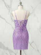 Lilac Starburst Plunging V-Neck Sequin Short Homecoming Mini Dress