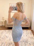 Off-The-Shoulder Beaded Sequin Bodycon Mini Homecoming Dress with Fringe Tassels