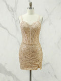 Glitter Bodycon Spaghetti Straps Sweetheart Short Homecoming Dress with Slit