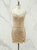 Glitter Bodycon Spaghetti Straps Sweetheart Short Homecoming Dress with Slit